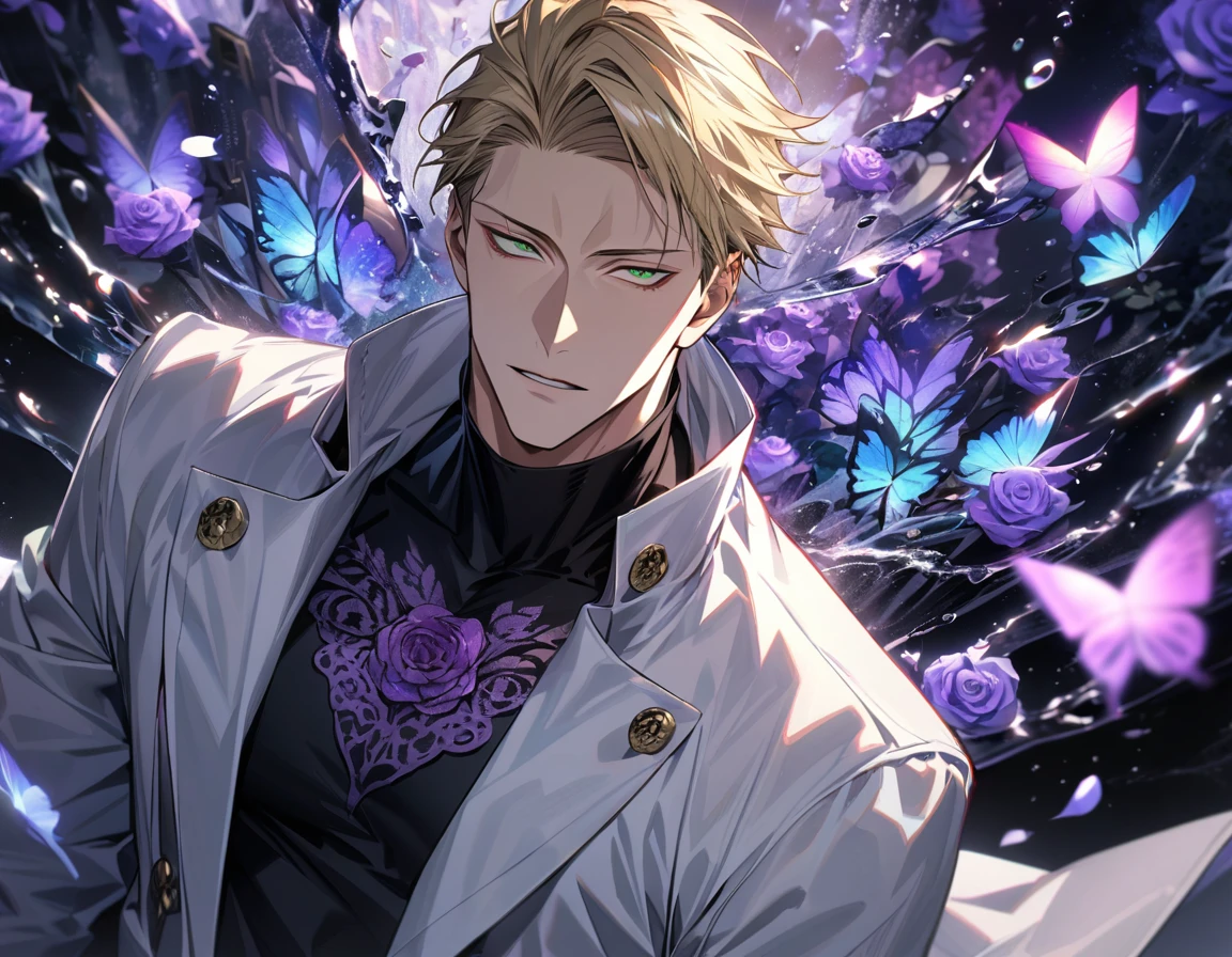Ultra detailed, HDR, Highres, absurdres, master piece, Nanami Kento, blond hair, expressive green eyes, white long coat with patterns, Jujutsu Kaisen, black tight shirt, purple glittering butterflies, purple ice, petals, purple ice roses, sexy man, solo, extremely detailed face and eyes, extremely handsome, glittering, water