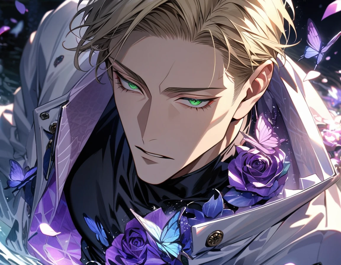 Ultra detailed, HDR, Highres, absurdres, master piece, Nanami Kento, blond hair, expressive green eyes, white long coat with patterns, Jujutsu Kaisen, black tight shirt, purple glittering butterflies, purple ice, petals, purple ice roses, sexy man, solo, extremely detailed face and eyes, extremely handsome, glittering, water