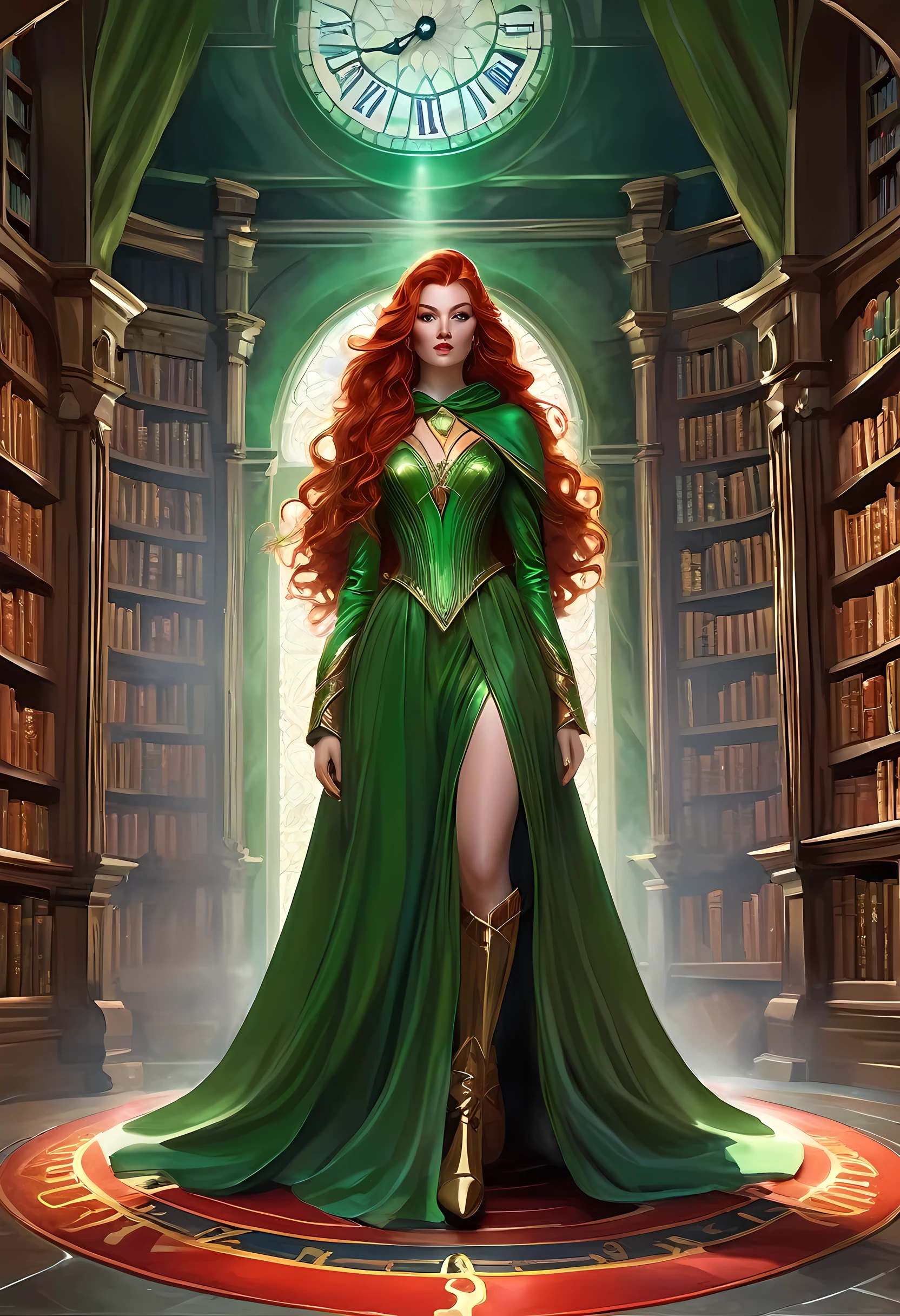 high details, best quality, 16k, [ultra detailed], masterpiece, best quality, (extremely detailed), full body, ultra wide shot, julie bell style (ultra details, Masterpiece, best quality), fantasy art, dnd art,fantasy art, realistic art, a sorceress casting a ChronomancyAI spell in magical library (ultra details, Masterpiece, best quality), exquisite beautiful human woman (ultra details, Masterpiece, best quality), red hair, long hair, (long green dress: 1.2), (white cloak: 1.3), high heeled boots (ultra details, Masterpiece, best quality) ChronomancyAI