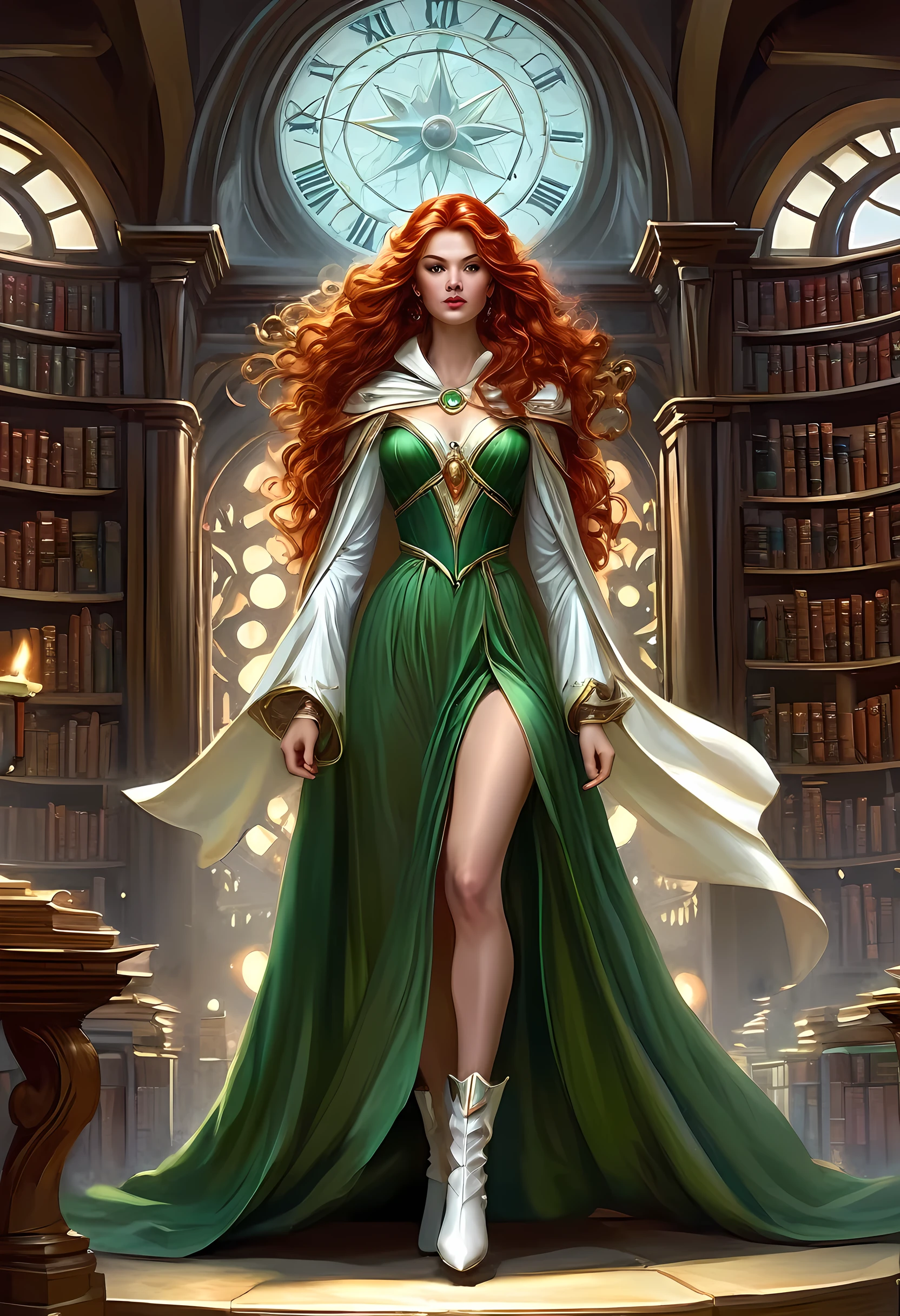 high details, best quality, 16k, [ultra detailed], masterpiece, best quality, (extremely detailed), full body, ultra wide shot, julie bell style (ultra details, Masterpiece, best quality), fantasy art, dnd art,fantasy art, realistic art, a sorceress casting a ChronomancyAI spell in magical library (ultra details, Masterpiece, best quality), exquisite beautiful human woman (ultra details, Masterpiece, best quality), red hair, long hair, (long green dress: 1.2), (white cloak: 1.3), high heeled boots (ultra details, Masterpiece, best quality) ChronomancyAI