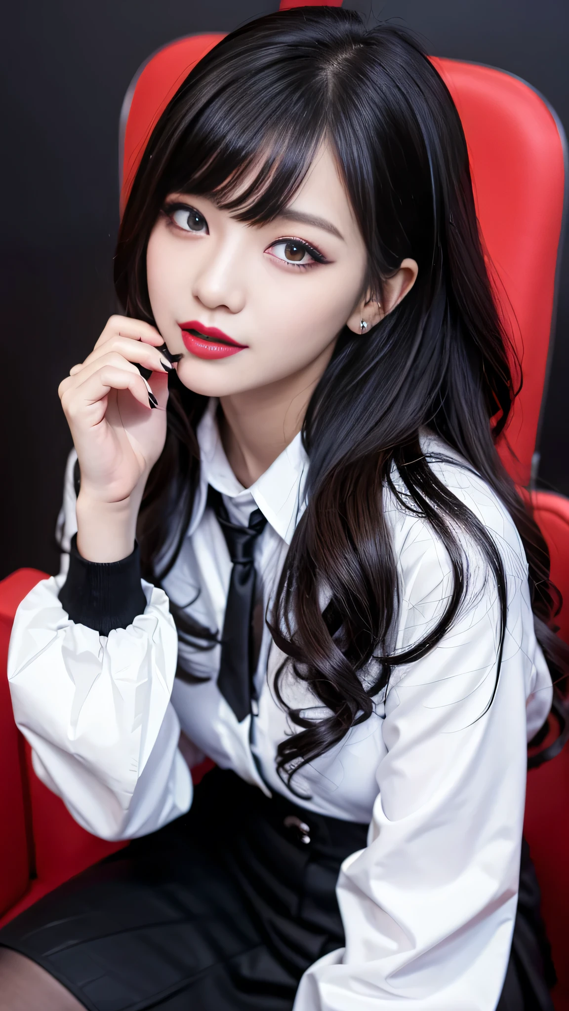 best quality、ultra-detailed、4k、Japanese、Seductive beauty、seductive adult woman、Pretty Woman、cool girl、Villainess、Brainwashed、brainwash、Fallen into evil、smirk、Evil look、Wicked Smile、evil、Brown hair、wavy hair、swept bangs、dark makeup、dark makeup、piercing eyes、hollow eyes,half-closed eyes、Hollow Eyes、purple Eyeshadow、black lipstick、black lipglos、student、uniform、Black cardigan、White Shirt、Black Ribbon、flare skirt、pantyhose、night、inside darkroom、Applying lipstick、Emblem of Evil、Crest of Darkness、Swear allegiance、I have pledged my allegiance、Dye black、Blackening、Stained with evil、Dyed in darkness、Seduce