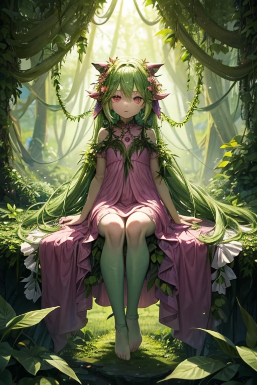 Humanoid plant in the shape of a 5-year-old girl, green skin, hair made of leaves, pink eyes, dress made of vines, feet in the shape of green roots, forest background 