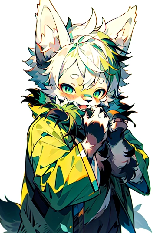 Green fur cute dog、Shy boy with white hair