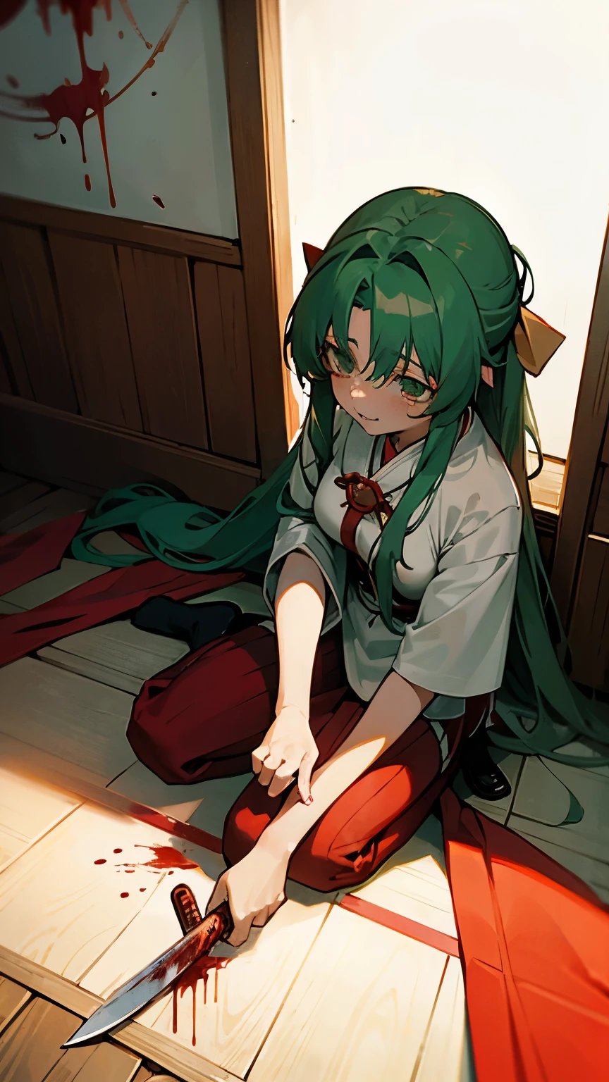  crazy girl crazy  socks older green long hair shrine maiden   breasts white shirt. stabbed blood knife crying blood on walls, wooden floor blood on ground, blood on walls lots of red liquid spilled on floor. red water on ground sonozaki shion