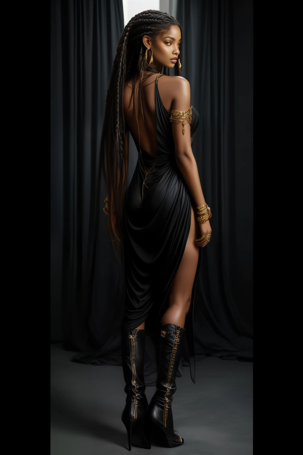 bellissima, 1girl, solo, Armani style, long hair, black hair, jewelry, full body, earrings, boots, dark skin, from behind, high heels, dark-skinned female, high heel boots, dreadlocks
