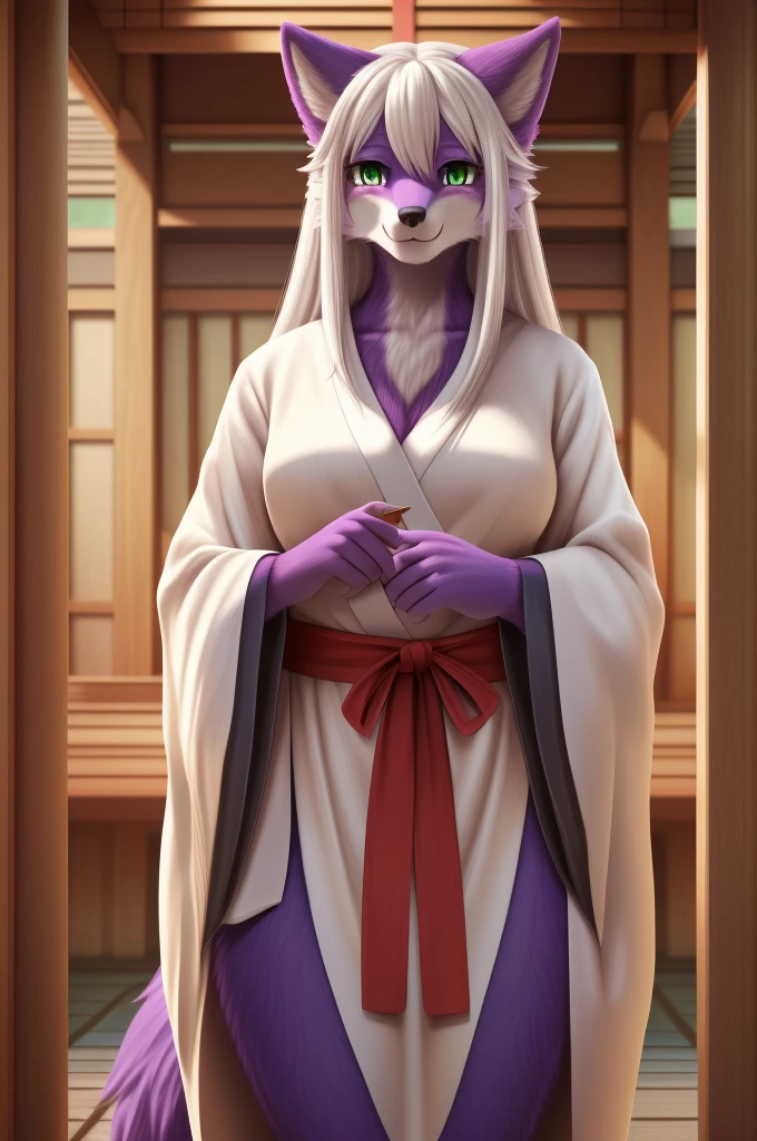 (sfw, 8K, Masterpiece, high resolution, super fine illustration, detailed background:1.5), (calm, mature:1.5), beautiful, fluffy, perfect anatomy, (solo, green eyes, 1 female wolf kemono, purple fur:1.25), (full body, tall:1.25), (white hair, long hair:1.25), (Japanese shrine maiden kimono), (at Japanese shrine), slender, smile, looking at viewer, welcoming