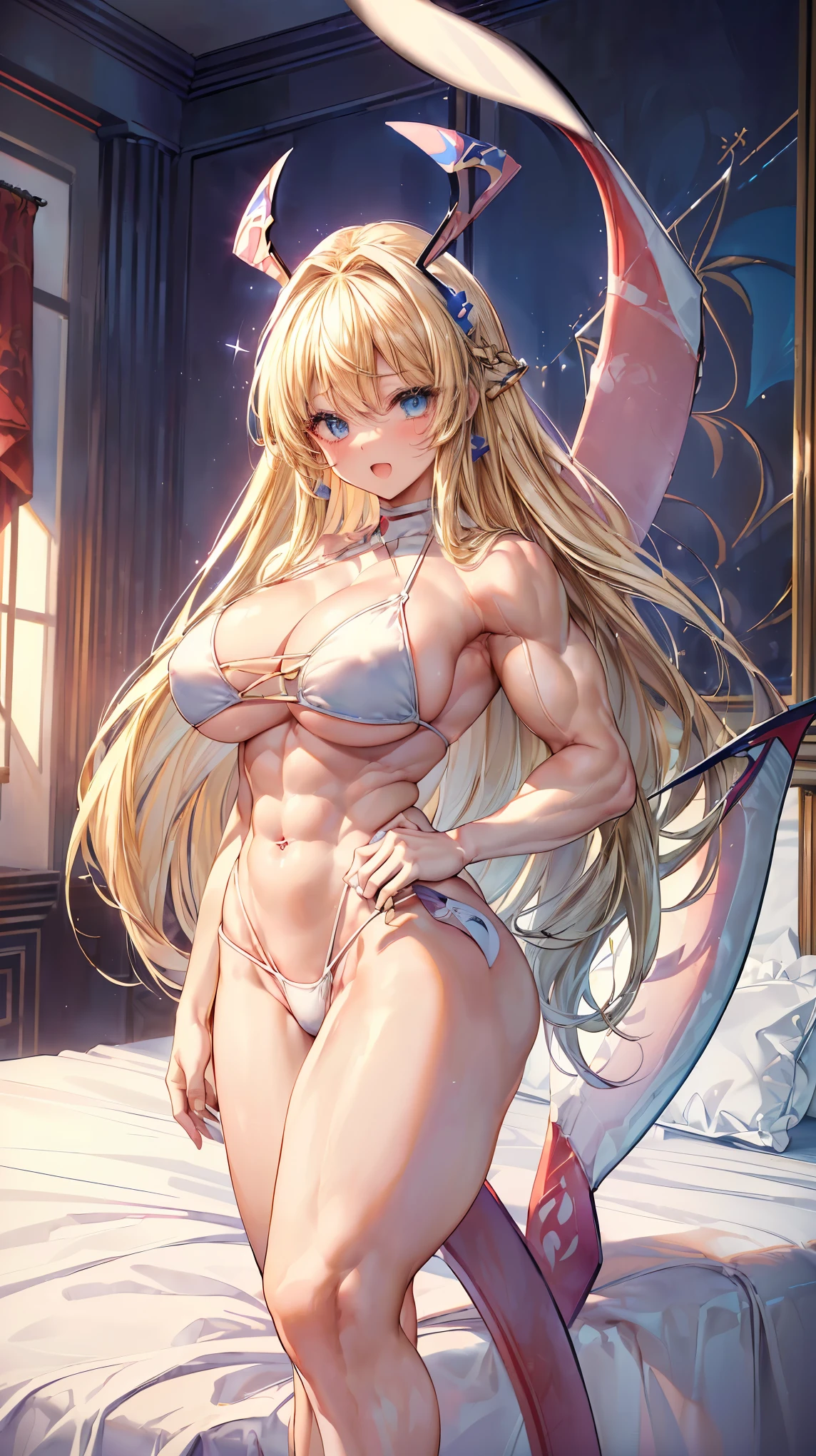 Very detailed、highest quality、Best image quality、masterpiece、8k、Anime Face、A kind smile、(Open your mouth:1.3)、Sparkling blue eyes、(Blonde semi-long hair:1.5)、(Muscles of the whole body:1.3)、(High leg:2.0)、Thigh belt、(White high cut bikini:1.5)、(Upper body photo:1.5)、(SFW Giant)、(Thick body:1.2)、(In the bedroom)、(Boomerang Panty:1.5)