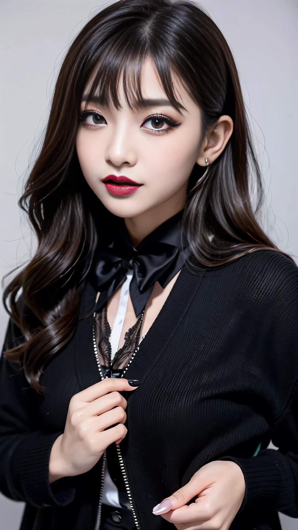 best quality、ultra-detailed、4k、Japanese、Seductive beauty、seductive adult woman、Pretty Woman、cool girl、Villainess、Brainwashed、brainwash、Fallen into evil、smirk、Evil look、Wicked Smile、evil、Brown hair、wavy hair、swept bangs、dark makeup、dark makeup、piercing eyes、hollow eyes,half-closed eyes、Hollow Eyes、purple Eyeshadow、black lipstick、black lipglos、student、uniform、Black cardigan、White Shirt、Black Ribbon、flare skirt、pantyhose、night、inside darkroom、Applying lipstick、Emblem of Evil、Crest of Darkness、Swear allegiance、I have pledged my allegiance、Dye black、Blackening、Stained with evil、Dyed in darkness、Seduce