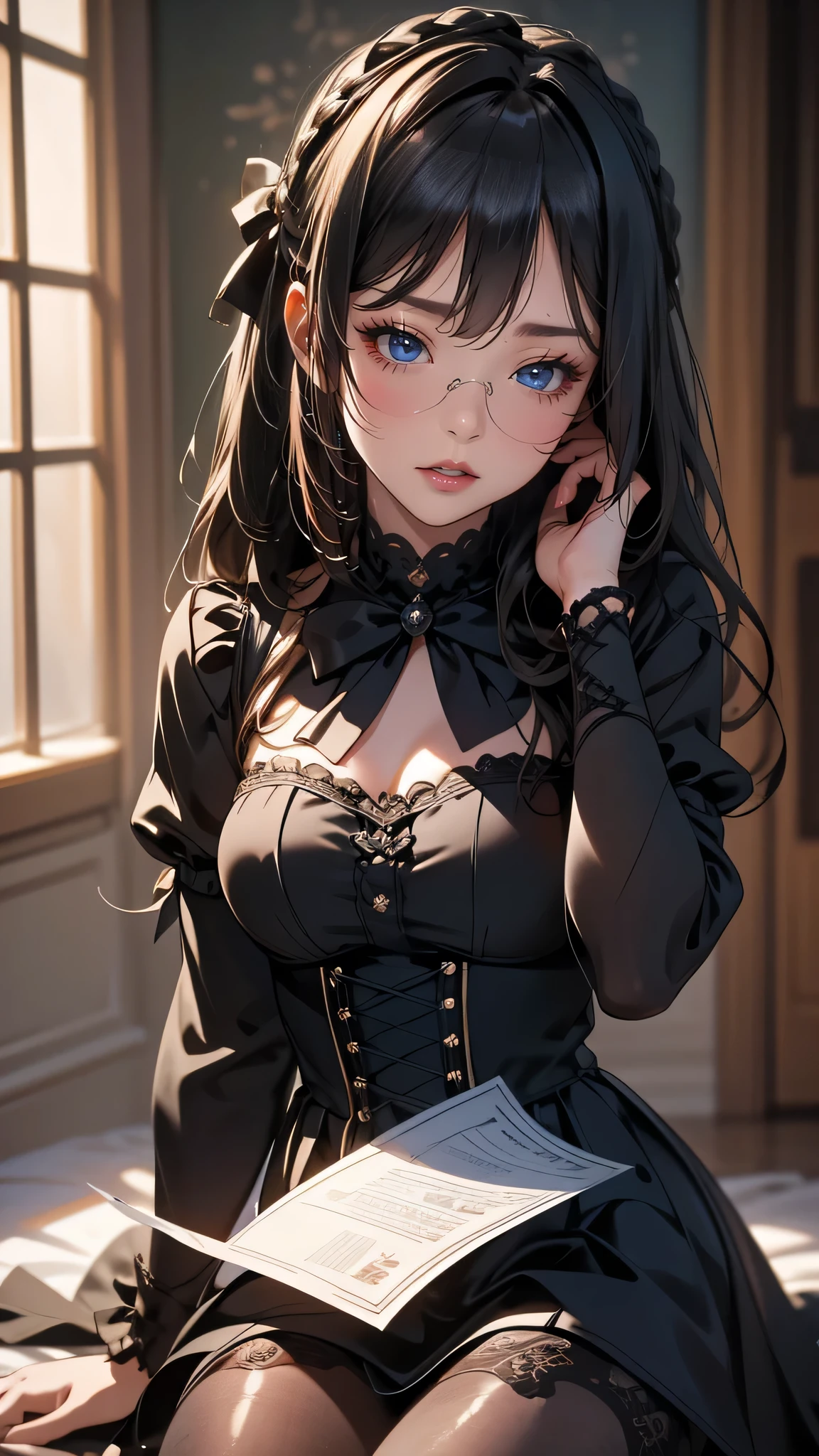 (random pose:1.2),gothic lolita dress,(random pose),(random hairstyle),(Highest image quality,(8K), Ultra-realistic, Best Quality, High quality, High Definition, high quality texture, high detailing, Beautiful detailed, fine detailed, extremely details CG, Detailed texture, realistic representation of face, masterpiece, presence),(wearing glasses:1.2),black pantyhose,all fours,nsfw,sex