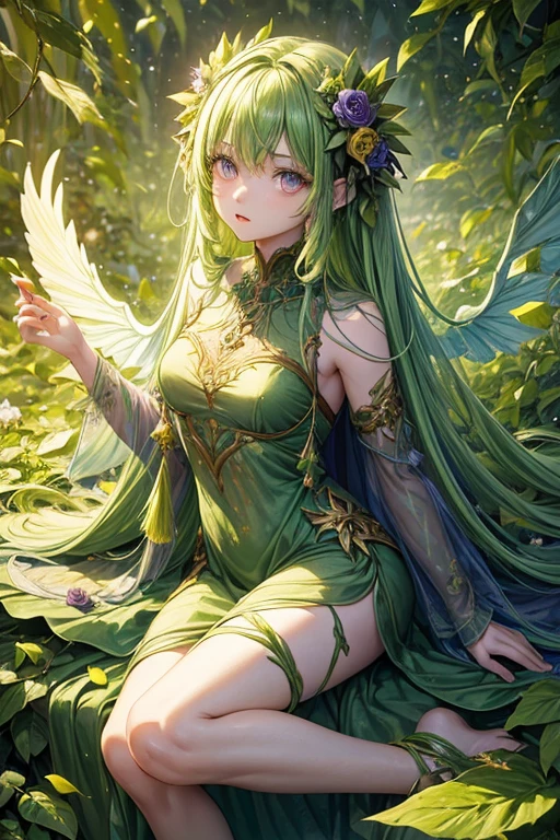 Humanoid plant in the shape of a 20-year-old girl, green skin, hair made of petals, violet eyes, dress made of vines, wings made of rose petals, feet shaped like green roots, forest background