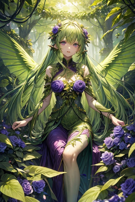 Humanoid plant in the shape of a 20-year-old girl, green skin, hair made of petals, violet eyes, dress made of vines, wings made of rose petals, feet shaped like green roots, forest background 