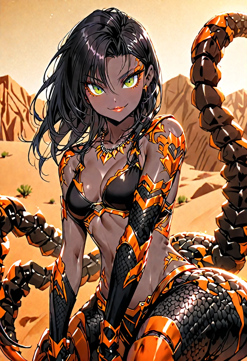 solo, female, sfw:1.2, medium shot, strong, tall, thin, bronze skin, long black hair, dark green eyes, angular face, lips, necklace, smile, fit, pose, flawless skin, desert, scorpion girl, girtablilu, from the waist up, dark orange scorpion legs:1.1, dark orange carapace:1.2, leather bikini armor, flawless skin, scorpion tail:1.3
