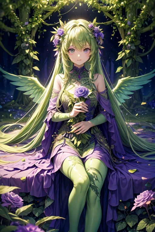 Humanoid plant in the shape of a 20-year-old girl, green skin, hair made of petals, violet eyes, dress made of vines, wings made of rose petals, feet shaped like green roots, forest background 