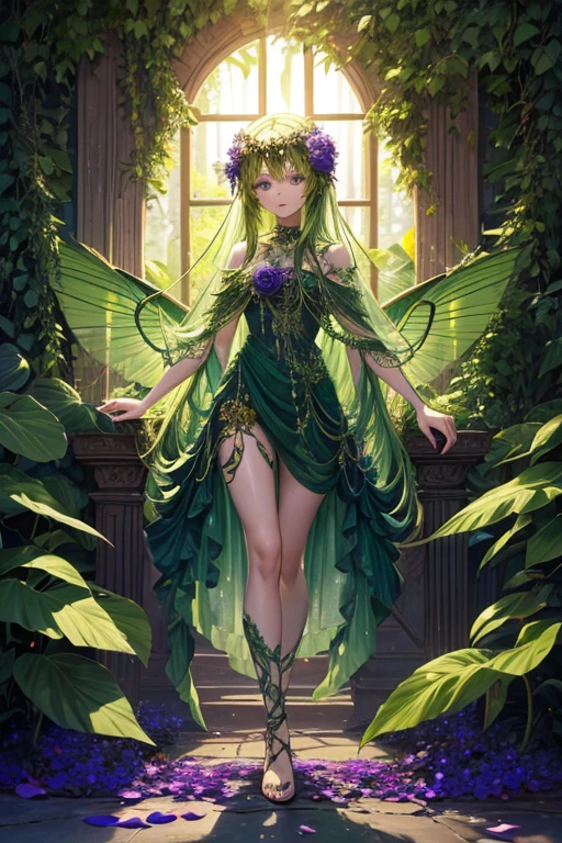 Humanoid plant in the shape of a 20-year-old girl, green skin, hair made of petals, violet eyes, dress made of vines, wings made of rose petals, feet shaped like green roots, forest background 