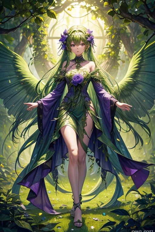 Humanoid plant in the shape of a 20-year-old girl, green skin, hair made of petals, violet eyes, dress made of vines, wings made of rose petals, feet shaped like green roots, forest background