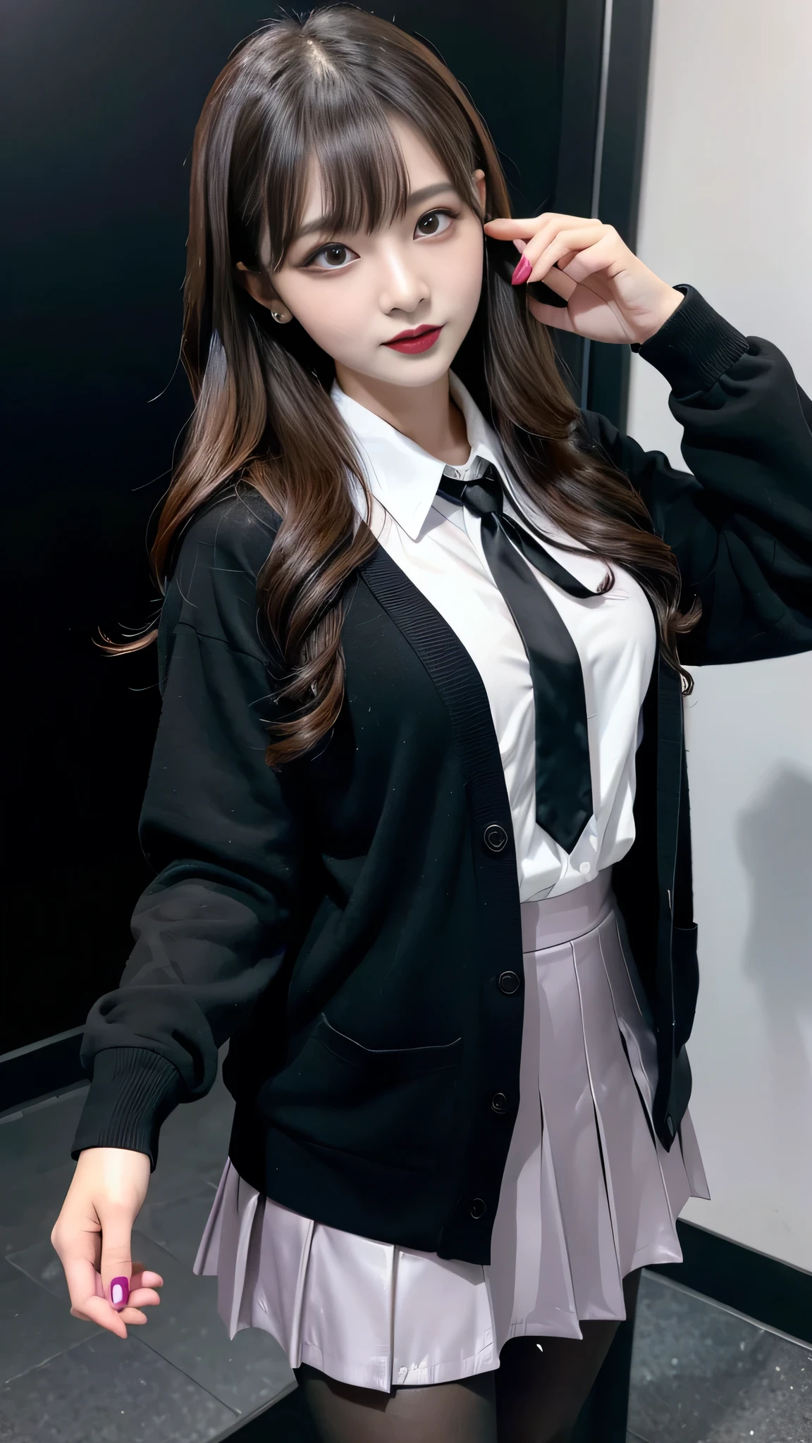 best quality、ultra-detailed、4k、Japanese、Seductive beauty、seductive adult woman、Pretty Woman、cool girl、Villainess、Brainwashed、brainwash、Fallen into evil、smirk、Evil look、Wicked Smile、evil、Brown hair、wavy hair、swept bangs、dark makeup、dark makeup、piercing eyes、hollow eyes,half-closed eyes、Hollow Eyes、purple Eyeshadow、black lipstick、black lipglos、student、uniform、Black cardigan、White Shirt、Black Ribbon、flare skirt、pantyhose、night、inside darkroom、Applying lipstick、Emblem of Evil、Crest of Darkness、Swear allegiance、I have pledged my allegiance、Dye black、Blackening、Stained with evil、Dyed in darkness、Seduce