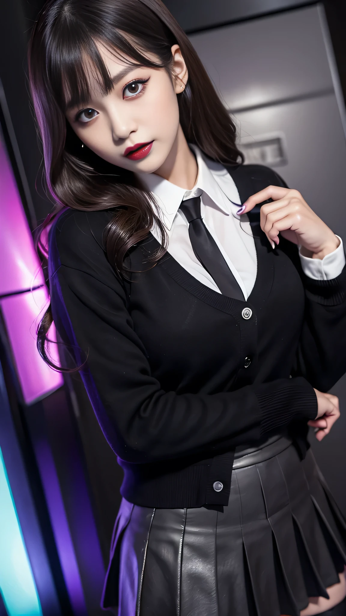 best quality、ultra-detailed、4k、Japanese、Seductive beauty、seductive adult woman、Pretty Woman、cool girl、Villainess、Brainwashed、brainwash、Fallen into evil、smirk、Evil look、Wicked Smile、evil、Brown hair、wavy hair、swept bangs、dark makeup、dark makeup、piercing eyes、hollow eyes,half-closed eyes、Hollow Eyes、purple Eyeshadow、black lipstick、black lipglos、student、uniform、Black cardigan、White Shirt、Black Ribbon、flare skirt、pantyhose、night、inside darkroom、Applying lipstick、Emblem of Evil、Crest of Darkness、Swear allegiance、I have pledged my allegiance、Dye black、Blackening、Stained with evil、Dyed in darkness、Seduce