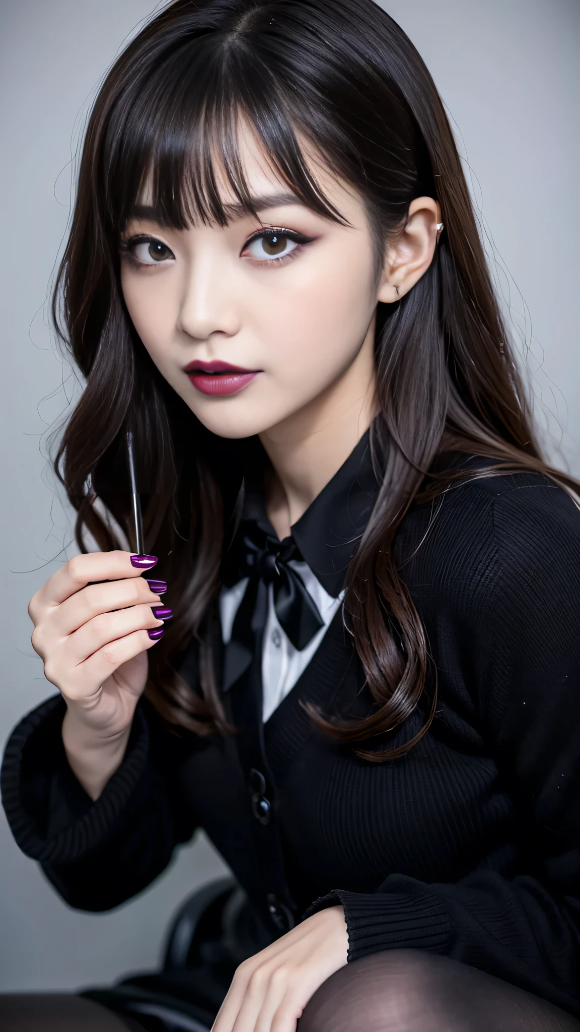 best quality、ultra-detailed、4k、Japanese、Seductive beauty、seductive adult woman、Pretty Woman、cool girl、Villainess、Brainwashed、brainwash、Fallen into evil、smirk、Evil look、Wicked Smile、evil、Brown hair、wavy hair、swept bangs、dark makeup、dark makeup、piercing eyes、hollow eyes,half-closed eyes、Hollow Eyes、purple Eyeshadow、black lipstick、black lipglos、student、uniform、Black cardigan、White Shirt、Black Ribbon、flare skirt、pantyhose、night、inside darkroom、Applying lipstick、Emblem of Evil、Crest of Darkness、Swear allegiance、I have pledged my allegiance、Dye black、Blackening、Stained with evil、Dyed in darkness、Seduce