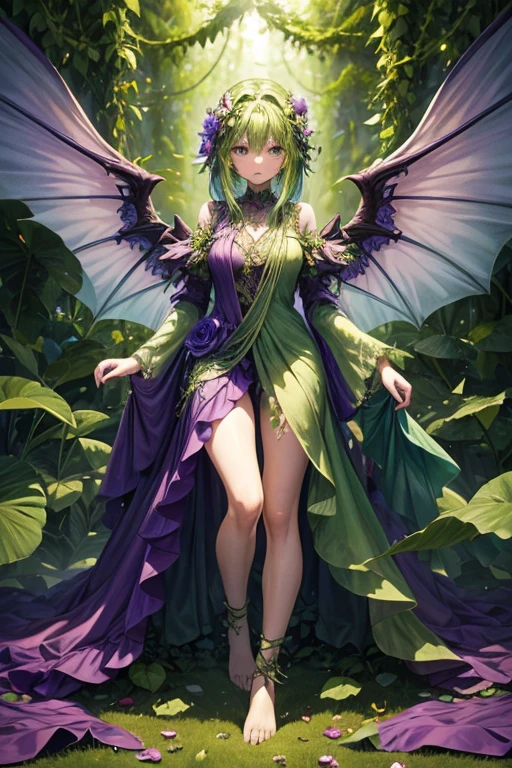 Humanoid plant in the shape of a 20-year-old girl, green skin, hair made of petals, violet eyes, dress made of vines, wings made of rose petals, feet shaped like green roots, forest background