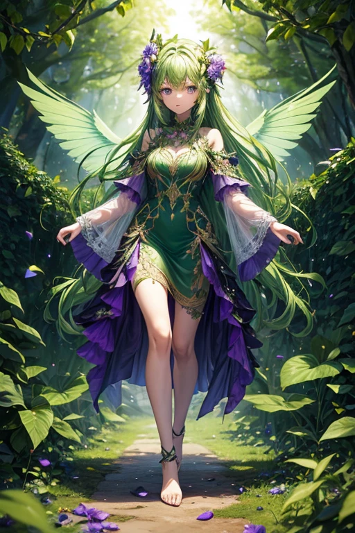 Humanoid plant in the shape of a 20-year-old girl, green skin, hair made of petals, violet eyes, dress made of vines, wings made of rose petals, feet shaped like green roots, forest background