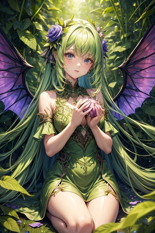 Humanoid plant in the shape of a 20-year-old girl, green skin, hair made of petals, violet eyes, dress made of vines, wings made of rose petals, feet shaped like green roots, forest background