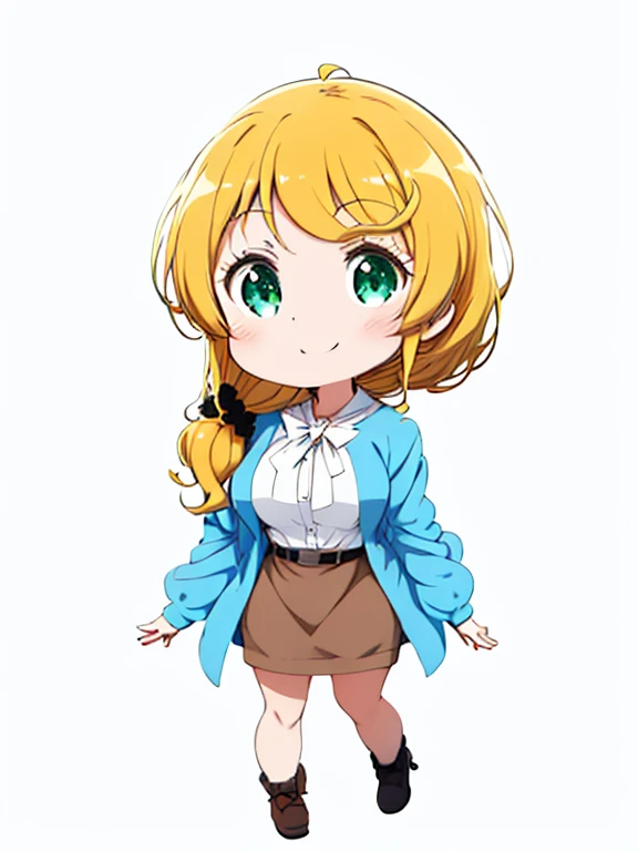 masterpiece、highest quality、High resolution、Very detailed、((Flat Color))、whole body、Chibi Character、Girl、cute、Nendoroid、Smiling、ellen_baker, green eyes, blonde hair, long hair, hair scrunchie, jacket, white shirt, skirt、Big Breasts