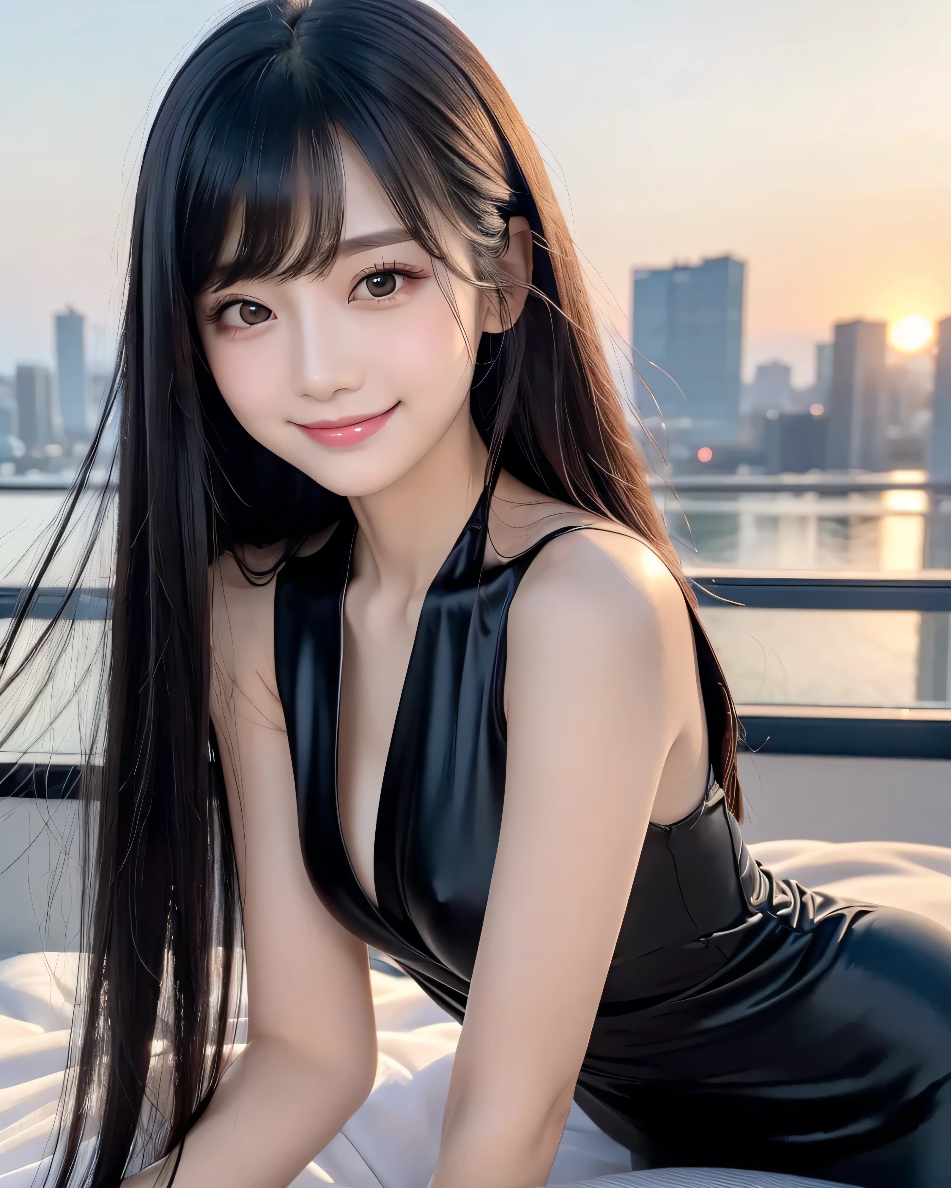 (highest quality, 32k, High resolution, masterpiece:1.5, ), marimo_jet, Impressive photographs in abstract style, Evokes a sense of calming serenity and elusive beauty, Very Rich emotional expression, Have a rich imagination, Beautiful Japanese Girl, whole bodyフルショット, Very beautiful face, Shiny black hair, Shiny, super long, straight silk hair, Asymmetrical bangs, Hair between the eyes, Beautiful thin and fine eyebrows, Magical big eyes, Moist black eyes, Smooth and clear white skin, Pale pink detailed lips, Natural Makeup, Rich emotional expression, Overflowing Motherhood, With love, (A kind smile:1.4), (Black silk dress:1.2), High resolutionの美しい太もも, (whole body:1.3), The rooftop of the tallest building, city illumination, The rising sun, sunrise, Professional Lighting, Professional Photographer, Professional Model