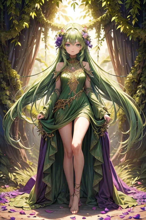 Humanoid plant in the shape of a 20-year-old girl, green skin, hair made of petals, violet eyes, dress made of vines, wings made of rose petals, feet shaped like green roots, forest background 