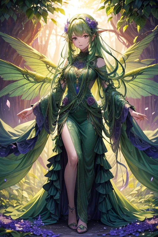 Humanoid plant in the shape of a 20-year-old girl, green skin, hair made of petals, violet eyes, dress made of vines, wings made of rose petals, feet shaped like green roots, forest background
