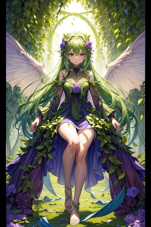 Humanoid plant in the shape of a 20-year-old girl, green skin, hair made of petals, violet eyes, dress made of vines, wings made of rose petals, feet shaped like green roots, forest background 