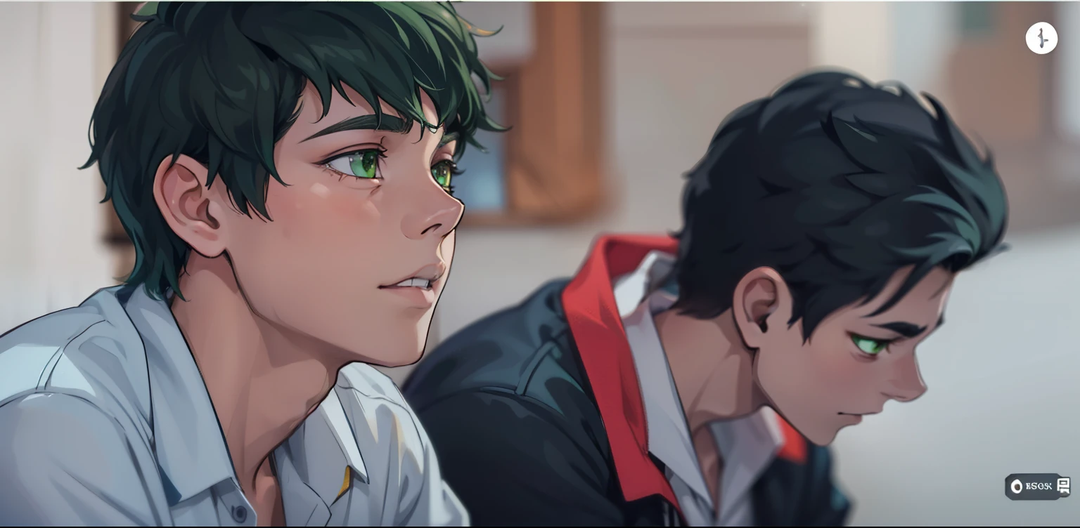 There is a young man of 18 years old, green hair, green eyes, he is thoughtful, worried, he is watching someone.