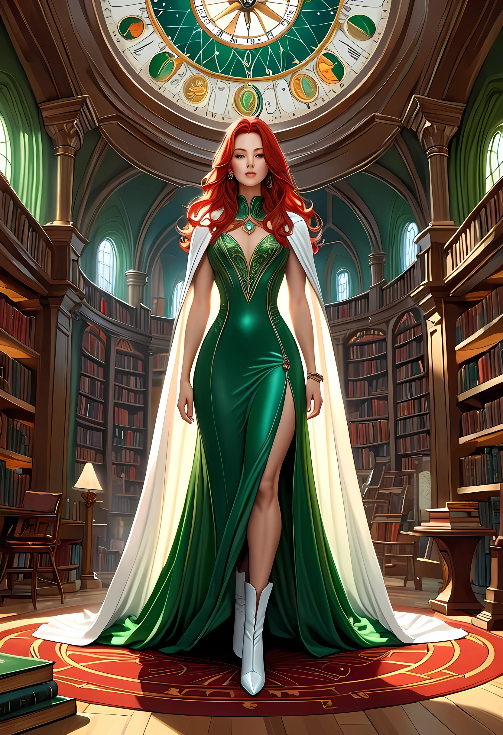 high details, best quality, 16k, [ultra detailed], masterpiece, best quality, (extremely detailed), full body, ultra wide shot, julie bell style (ultra details, Masterpiece, best quality), fantasy art, dnd art,fantasy art, realistic art, a sorceress casting a ChronomancyAI spell in magical library (ultra details, Masterpiece, best quality), exquisite beautiful human woman (ultra details, Masterpiece, best quality), red hair, long hair, (long green dress: 1.2), (white cloak: 1.3), high heeled boots (ultra details, Masterpiece, best quality) ChronomancyAI