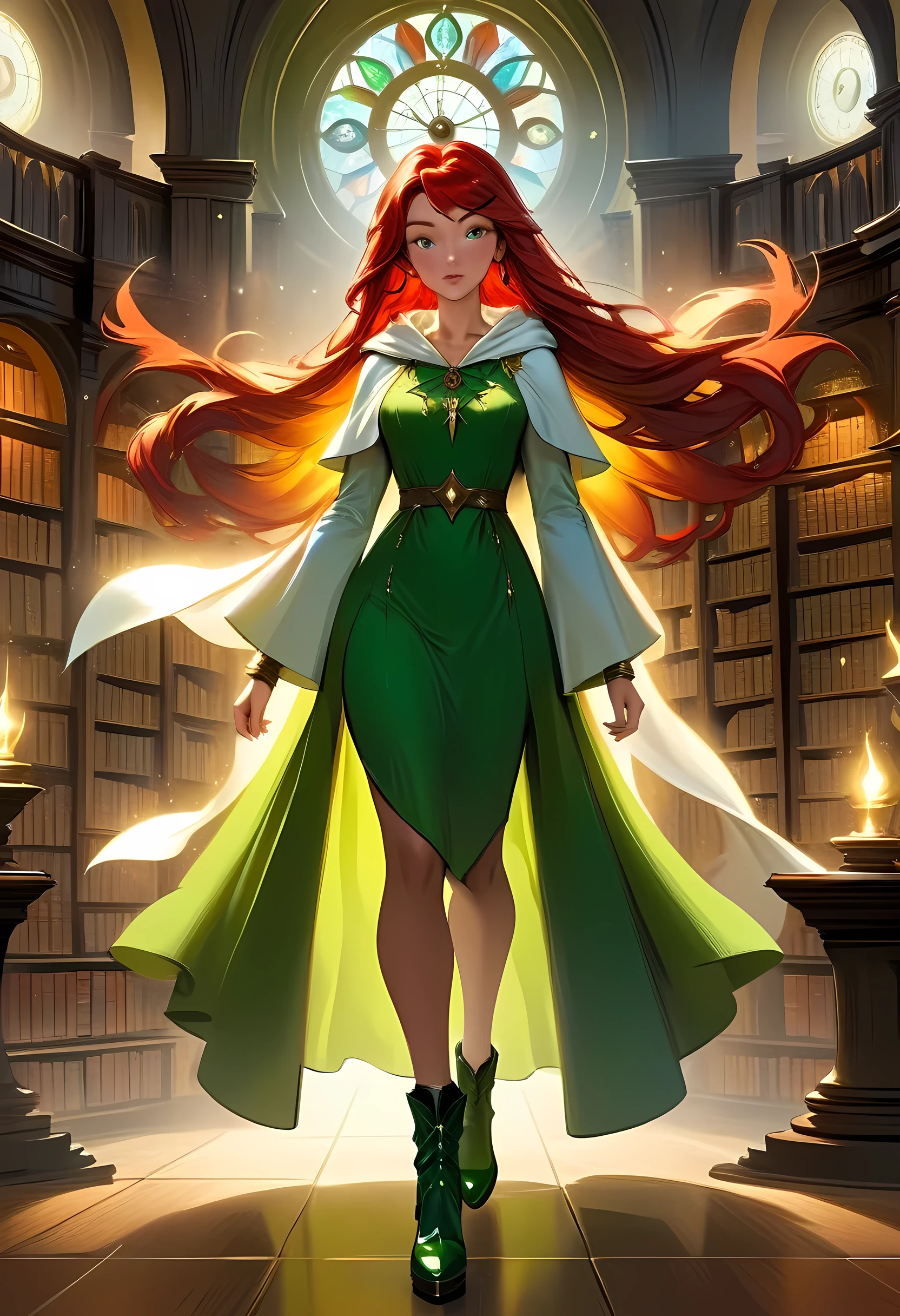 high details, best quality, 16k, [ultra detailed], masterpiece, best quality, (extremely detailed), full body, ultra wide shot, julie bell style (ultra details, Masterpiece, best quality), fantasy art, dnd art,fantasy art, realistic art, a sorceress casting a ChronomancyAI spell in magical library (ultra details, Masterpiece, best quality), exquisite beautiful human woman (ultra details, Masterpiece, best quality), red hair, long hair, (long green dress: 1.2), (white cloak: 1.3), high heeled boots (ultra details, Masterpiece, best quality) ChronomancyAI