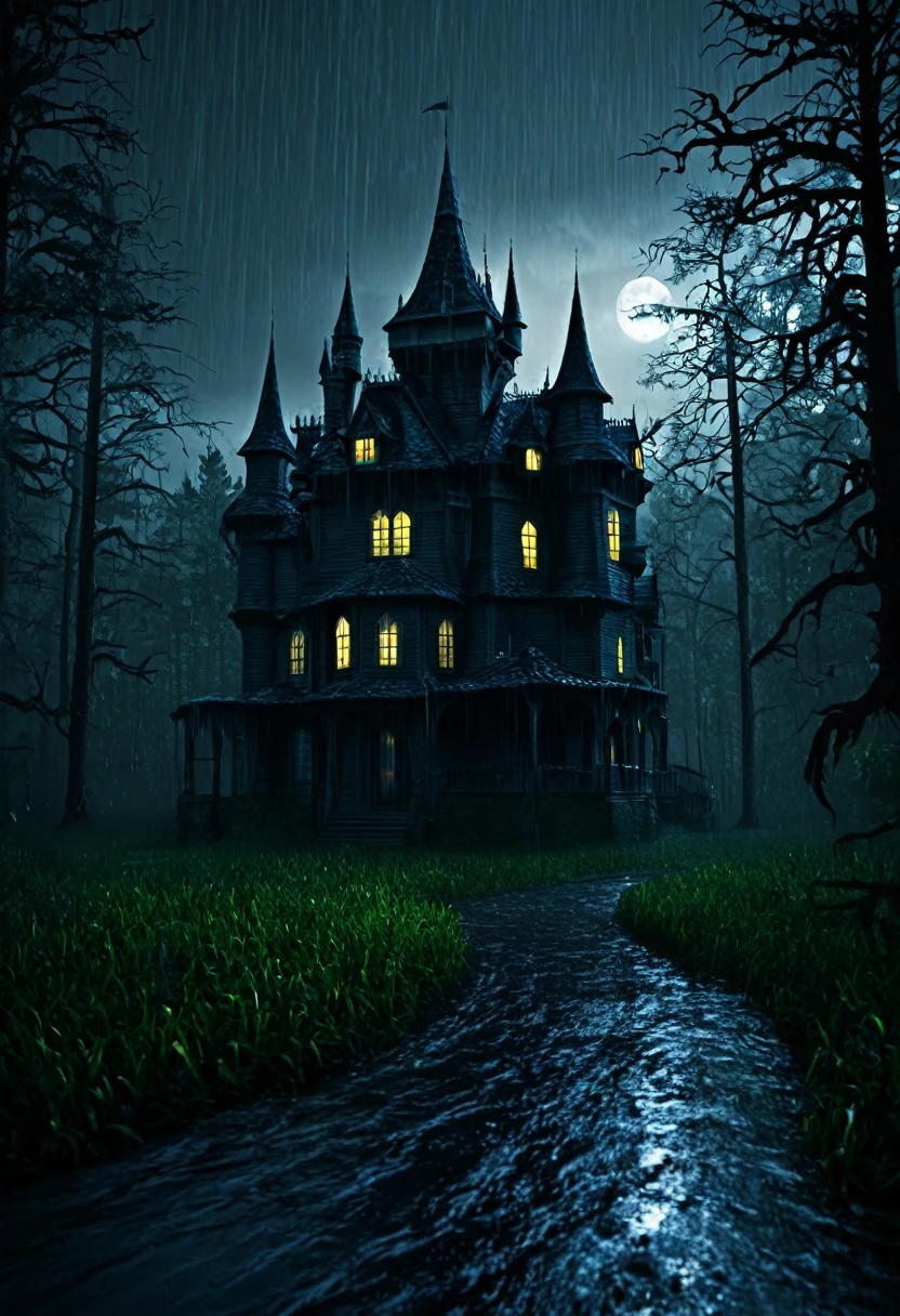 Make a scary house that behind it has a super scary castle at night and raining in the middle of a forest 