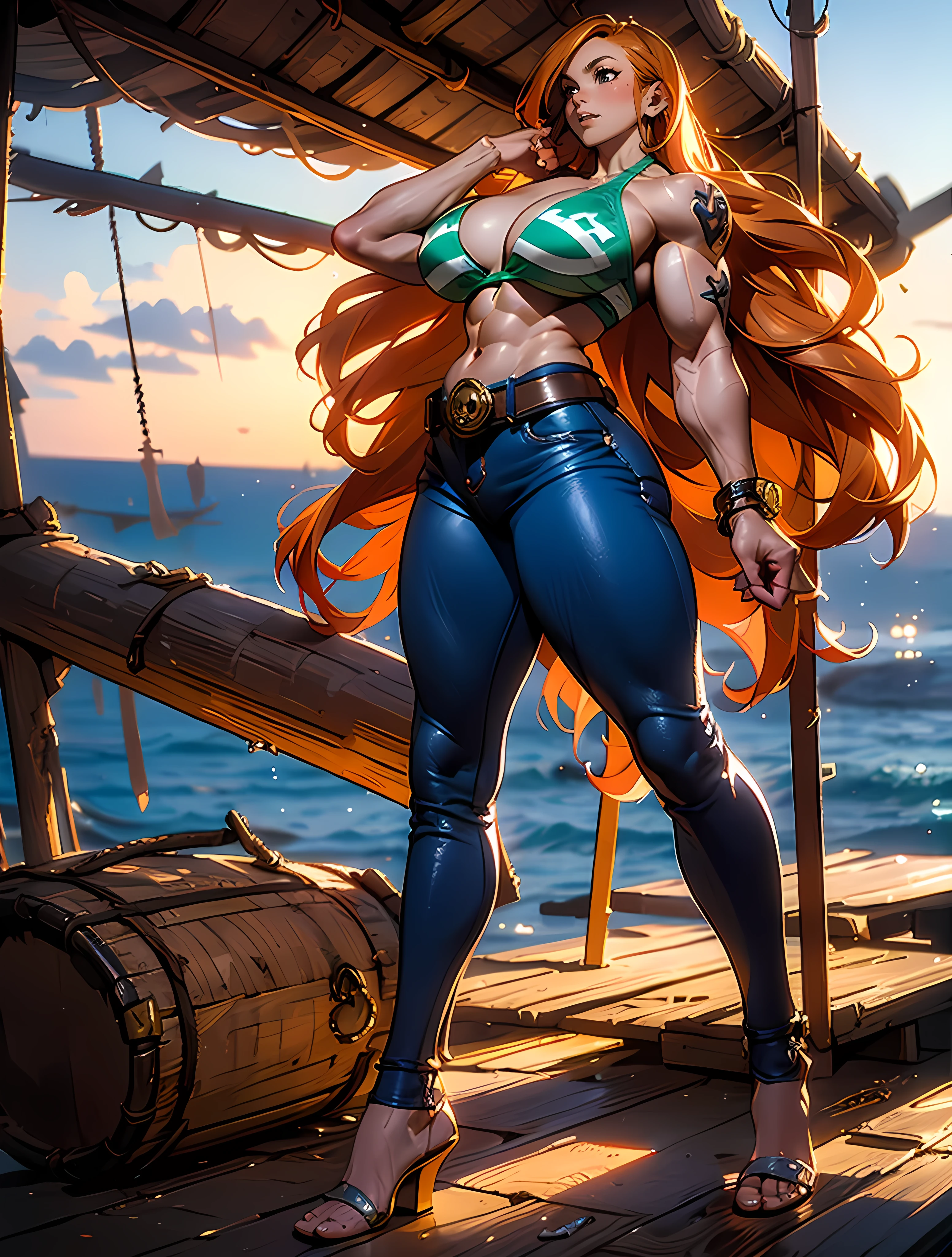 best quality, ultra high res, raw photo, dramatic lighting, unreal engine, diffuse glow, outdoor, realistic, detailed, realistic, photorealistic, high contrast, 8k HD, detailed, hyper-detailed, ((full body)), extremely beautiful (nami, one piece), subtle makeup, golden hour, realistic skin texture, ((((massive female bodybuilder:1.3)))), ((((huge breasts:1.2)))), ((wide hips)), (NSFW), orange long hair, one piece, pirate ship, treasure chest, gold, gold coins, gold bars. realistic skin texture, realistic skin tone