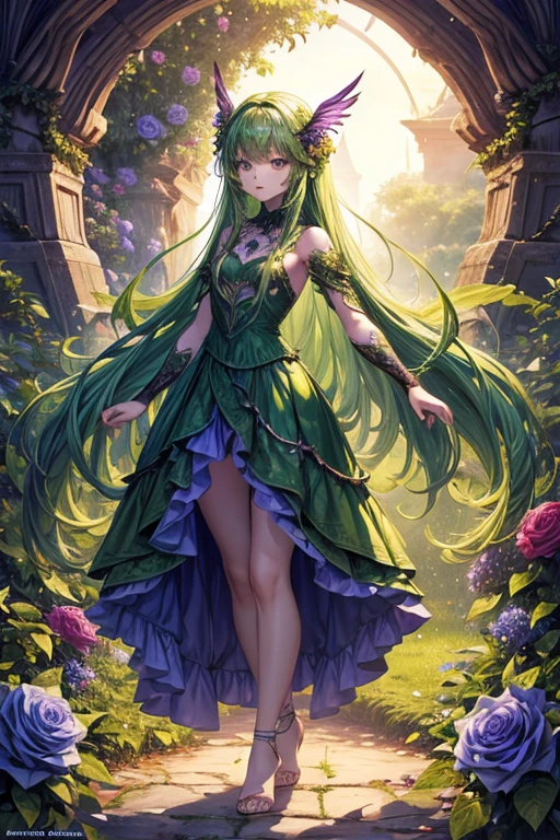 Humanoid plant in the shape of a 20-year-old girl, green skin, hair made of petals, violet eyes, dress made of vines, wings made of rose petals, feet shaped like green roots, forest background 