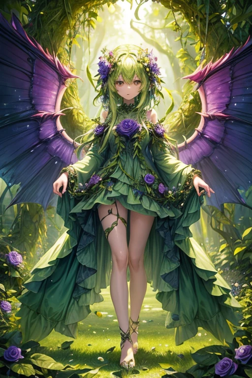 Humanoid plant in the shape of a 20-year-old girl, green skin, hair made of petals, violet eyes, dress made of vines, wings made of rose petals, feet shaped like green roots, forest background 