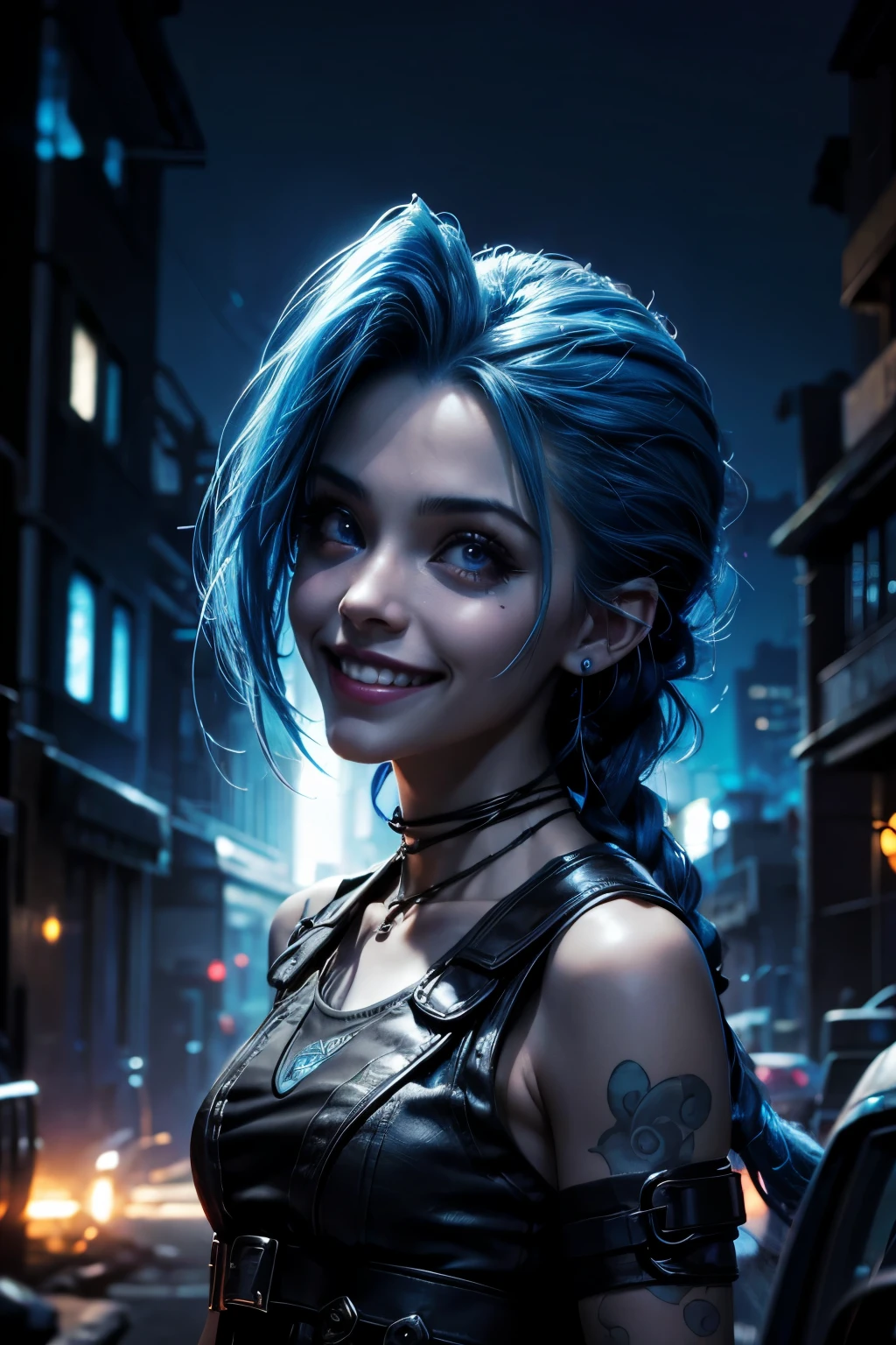 Jinx sonrisa de loca. Ciudad oscura, atmosphere with blue lights destroyed environment woman with sad face with crazy smile