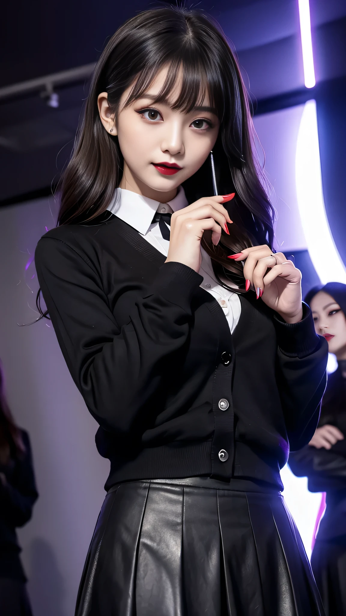best quality、ultra-detailed、4k、Japanese、Seductive beauty、seductive adult woman、Pretty Woman、cool girl、Villainess、Brainwashed、brainwash、Fallen into evil、smirk、Evil look、Wicked Smile、evil、Brown hair、wavy hair、swept bangs、dark makeup、dark makeup、piercing eyes、hollow eyes,half-closed eyes、Hollow Eyes、purple Eyeshadow、black lipstick、black lipglos、student、uniform、Black cardigan、White Shirt、Black Ribbon、flare skirt、pantyhose、night、inside darkroom、Applying lipstick、Emblem of Evil、Crest of Darkness、Swear allegiance、I have pledged my allegiance、Dye black、Blackening、Stained with evil、Dyed in darkness、Seduce