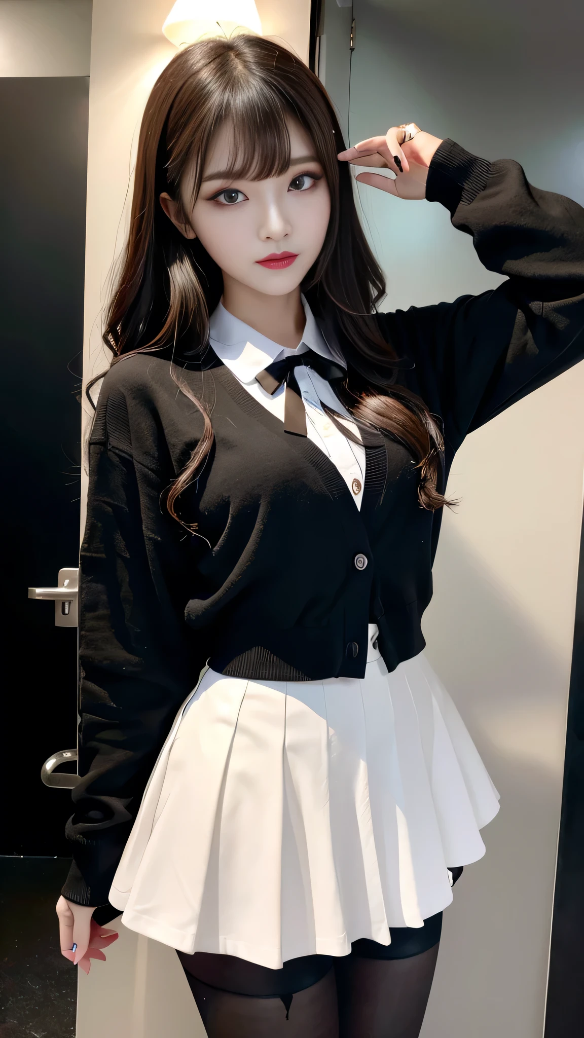 best quality、ultra-detailed、4k、Japanese、Seductive beauty、seductive adult woman、Pretty Woman、cool girl、Villainess、Brainwashed、brainwash、Fallen into evil、smirk、Evil look、Wicked Smile、evil、Brown hair、wavy hair、swept bangs、dark makeup、dark makeup、piercing eyes、hollow eyes,half-closed eyes、Hollow Eyes、purple Eyeshadow、black lipstick、black lipglos、student、uniform、Black cardigan、White Shirt、Black Ribbon、flare skirt、pantyhose、night、inside darkroom、Applying lipstick、Emblem of Evil、Crest of Darkness、Swear allegiance、I have pledged my allegiance、Dye black、Blackening、Stained with evil、Dyed in darkness、Seduce
