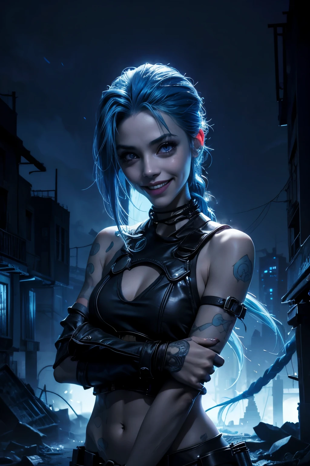 Jinx sonrisa de loca. Ciudad oscura, atmosphere with blue lights destroyed environment woman with sad face with crazy smile