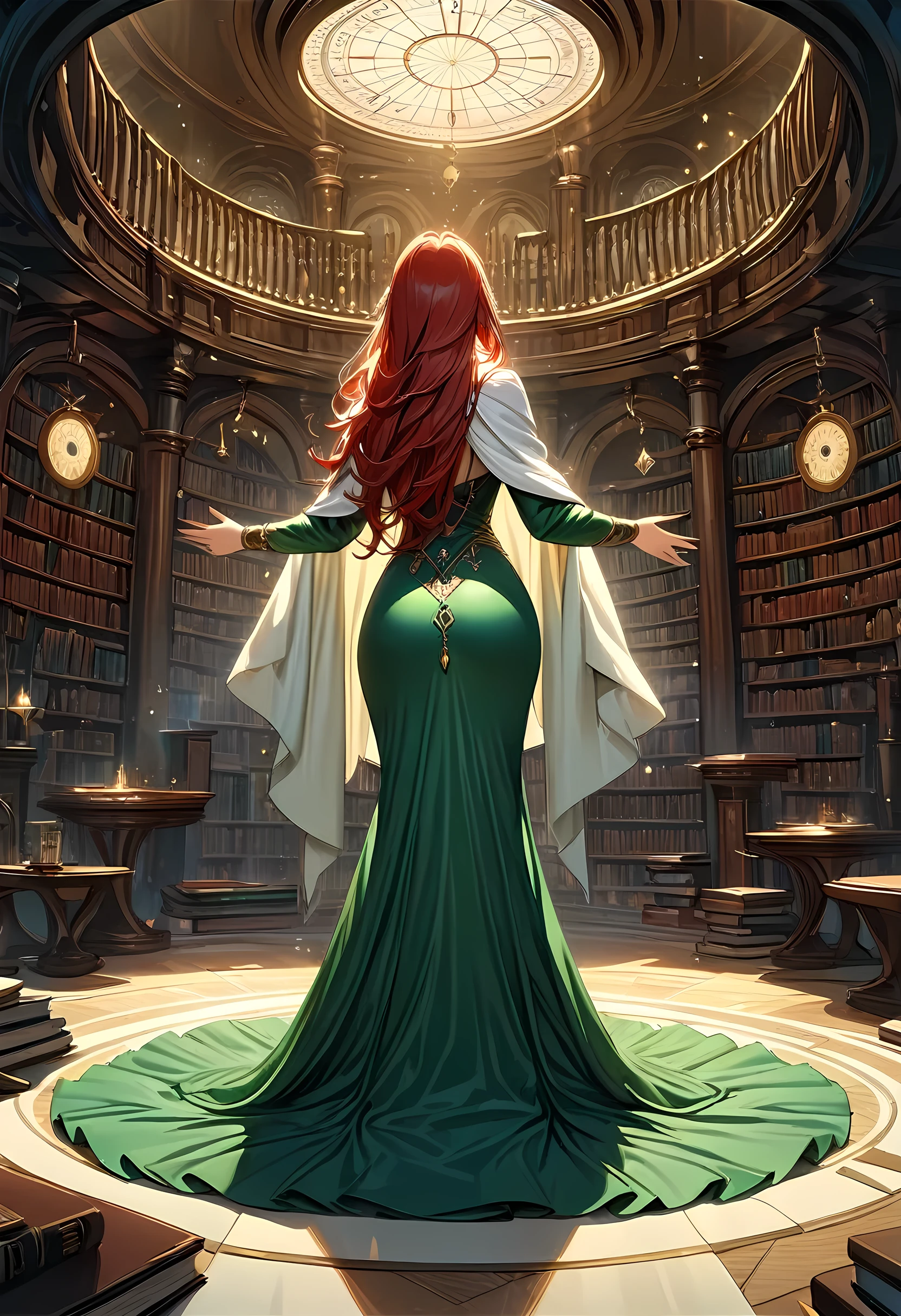 high details, best quality, 16k, [ultra detailed], masterpiece, best quality, (extremely detailed), full body, ultra wide shot, julie bell style (ultra details, Masterpiece, best quality), fantasy art, dnd art,fantasy art, realistic art, a sorceress casting a ChronomancyAI spell in magical library (ultra details, Masterpiece, best quality), exquisite beautiful human woman (ultra details, Masterpiece, best quality), red hair, long hair, (long green dress: 1.2), (white cloak: 1.3), high heeled boots (ultra details, Masterpiece, best quality) ChronomancyAI