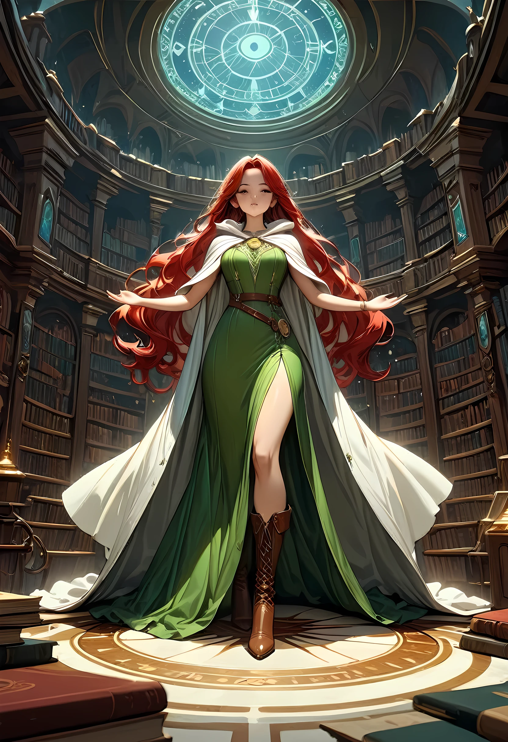 high details, best quality, 16k, [ultra detailed], masterpiece, best quality, (extremely detailed), full body, ultra wide shot, julie bell style (ultra details, Masterpiece, best quality), fantasy art, dnd art,fantasy art, realistic art, a sorceress casting a ChronomancyAI spell in magical library (ultra details, Masterpiece, best quality), exquisite beautiful human woman (ultra details, Masterpiece, best quality), red hair, long hair, (long green dress: 1.2), (white cloak: 1.3), high heeled boots (ultra details, Masterpiece, best quality) ChronomancyAI