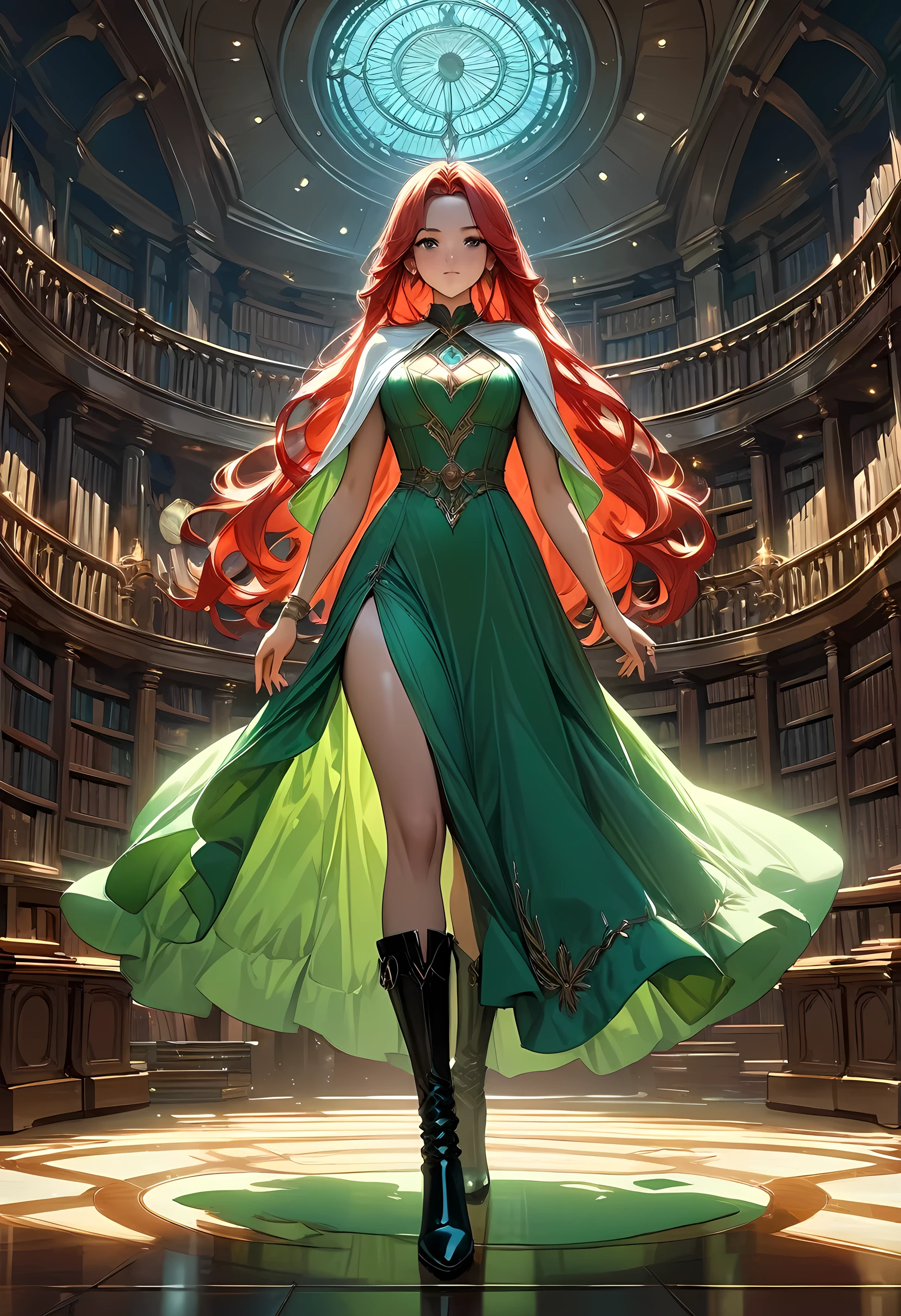 high details, best quality, 16k, [ultra detailed], masterpiece, best quality, (extremely detailed), full body, ultra wide shot, julie bell style (ultra details, Masterpiece, best quality), fantasy art, dnd art,fantasy art, realistic art, a sorceress casting a ChronomancyAI spell in magical library (ultra details, Masterpiece, best quality), exquisite beautiful human woman (ultra details, Masterpiece, best quality), red hair, long hair, (long green dress: 1.2), (white cloak: 1.3), high heeled boots (ultra details, Masterpiece, best quality) ChronomancyAI