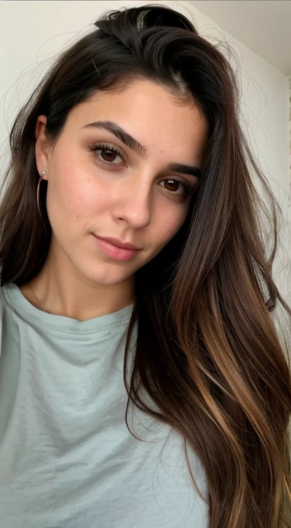 Uma mulher loira de 23 anos, ((grande )), ((Hiperrealismo)) ,. cabelo loiro mit hellbraunem Ansatz. cabelo loiro, Hair with brown roots, cabelo extra longo, cabelo muito comprido, cabelo muito comprido, legal, Vista frontal, selfie, Foto tirada com iPhone, fechar-se, looks carefully at the camera