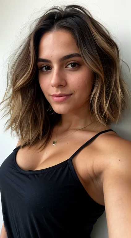 Uma mulher loira de 23 anos, ((grande )), ((Hiperrealismo)) ,. cabelo loiro mit hellbraunem Ansatz. cabelo loiro, Hair with brown roots, cabelo extra longo, cabelo muito comprido, cabelo muito comprido, legal, Vista frontal, selfie, Foto tirada com iPhone, fechar-se, looks carefully at the camera