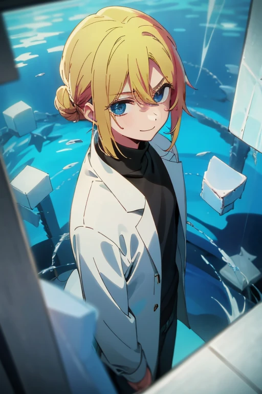 1 man with blond hair ((two long strands of hair on the sides of his face)) in the middle of the bangs, the strand is black, short hair. hair tied up in a bun behind. black eyes. big blue coat, white t-shirt, black turtleneck, black jeans, solo. sly smile, narrow eyes
Located in an aquarium full of water. Located in a cube. View from above. Shards. Water. Tile. Empty space