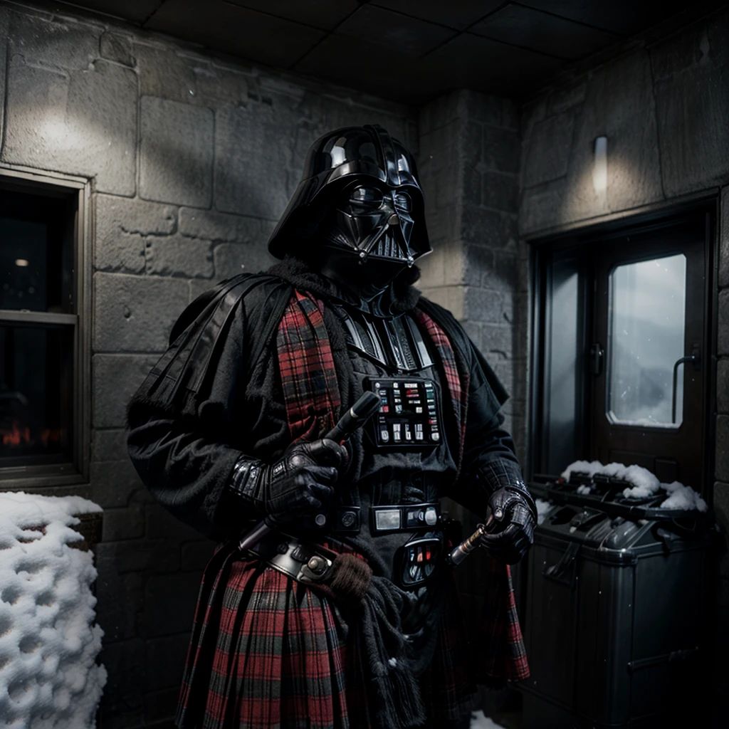 starwars, darth vader, in red tartan kilt, playing bag pipes, realistic, scifi, starwars Hoth snow scene background 