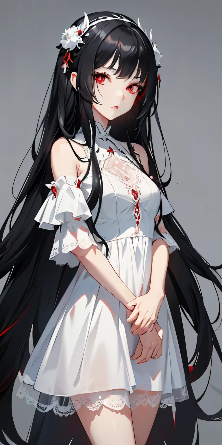 Character design, female, long black hair, wearing a white lace dress, red eyes, small frame, best quality, detailed
