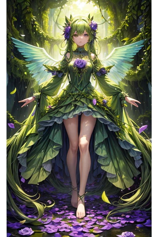 Humanoid plant in the shape of a 20-year-old girl, green skin, hair made of petals, violet eyes, dress made of vines, wings made of rose petals, feet shaped like green roots, forest background 